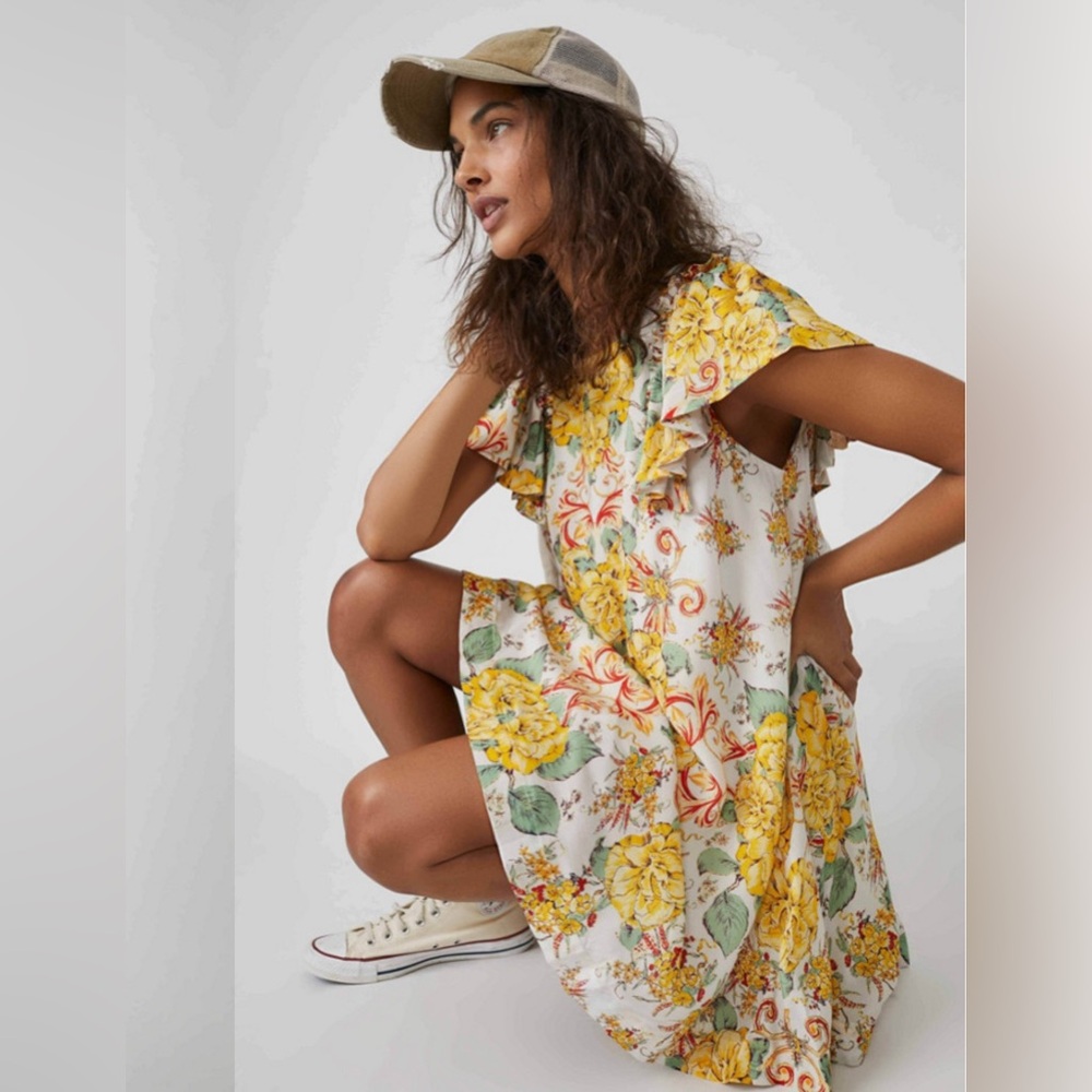NWT Free People Yara Babydoll Mini Tea Floral Dress / Tunic with Ruffle Sleeves
